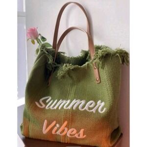 Summer Vibes Tote Bag, Fringe Trim, Beach Bag, Travel‎ Bag